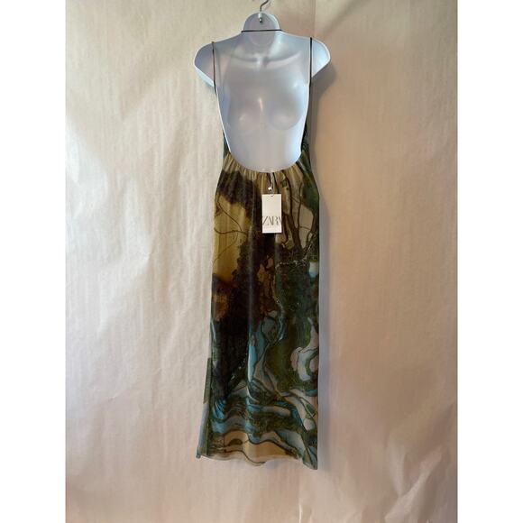 Zara Artistic Green and Tan Midi Dress - Picture 2 of 7